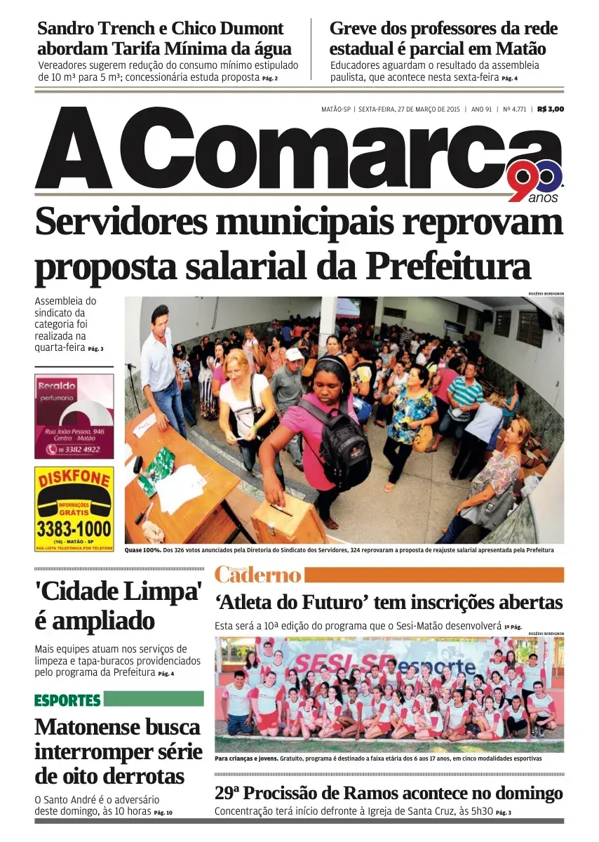 Primeira página da edição 4771 de A Comarca, 27 de março de 2015