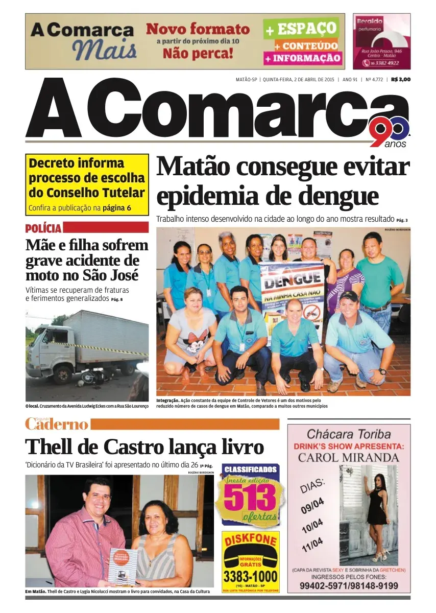Primeira página da edição 4772 de A Comarca, 3 de abril de 2015