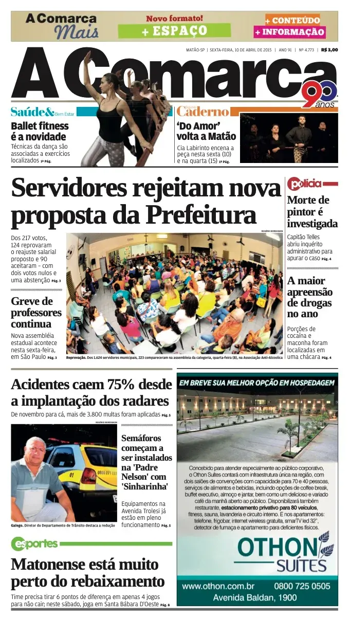 Primeira página da edição 4773 de A Comarca, 10 de abril de 2015