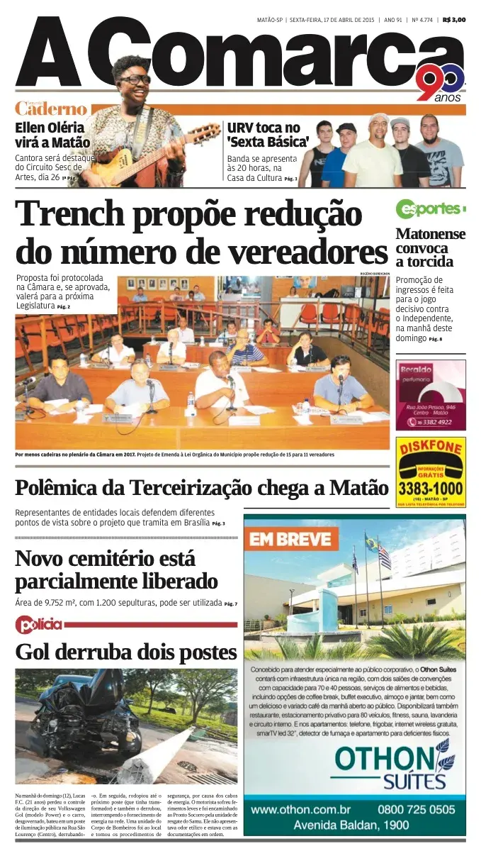 Primeira página da edição 4774 de A Comarca, 17 de abril de 2015