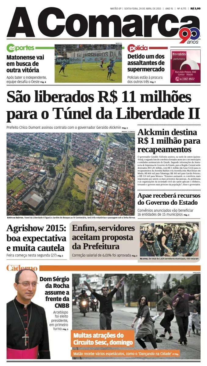 Primeira página da edição 4775 de A Comarca, 24 de abril de 2015