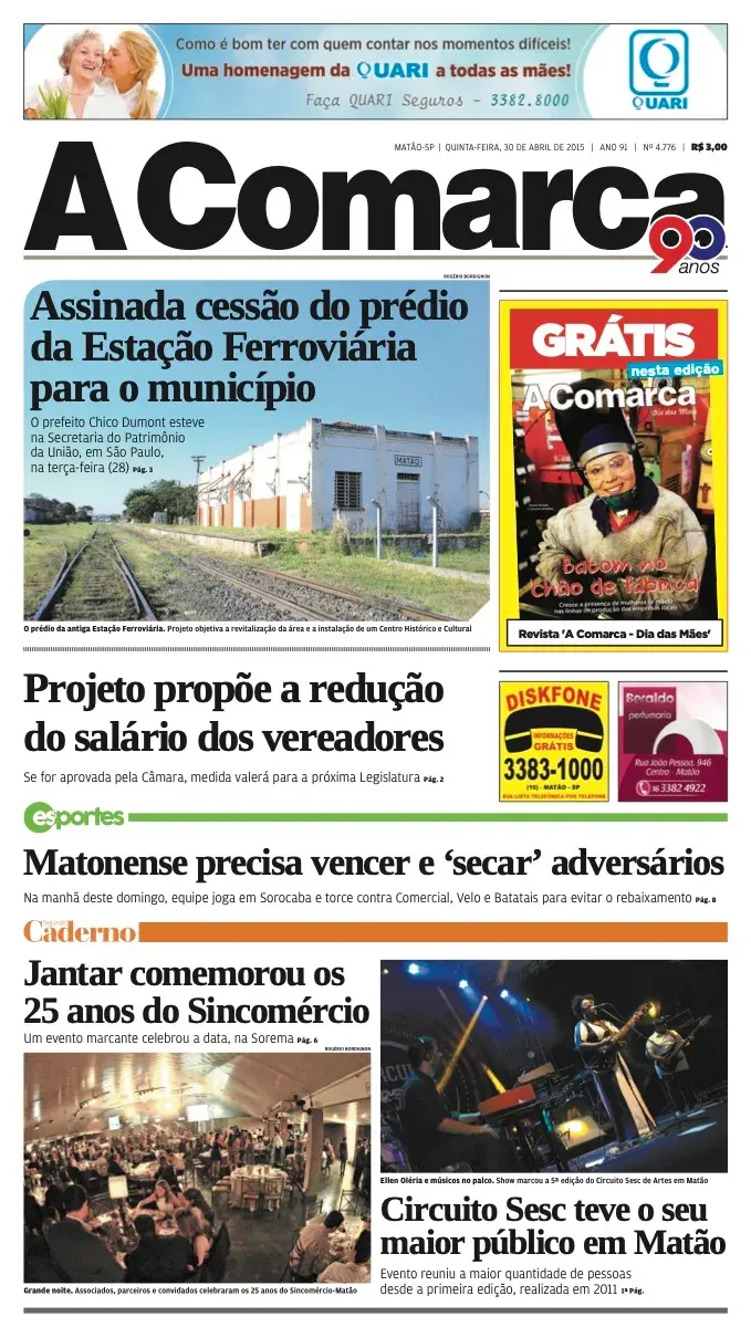 Primeira página da edição 4776 de A Comarca, 1 de maio de 2015