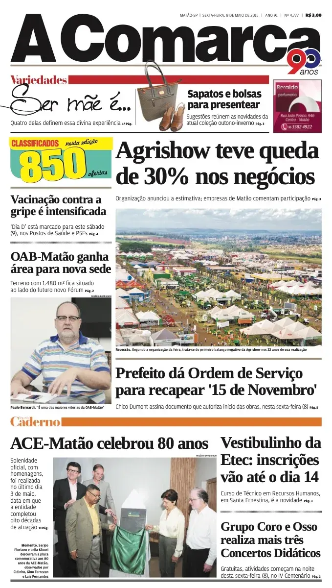 Primeira página da edição 4777 de A Comarca, 8 de maio de 2015