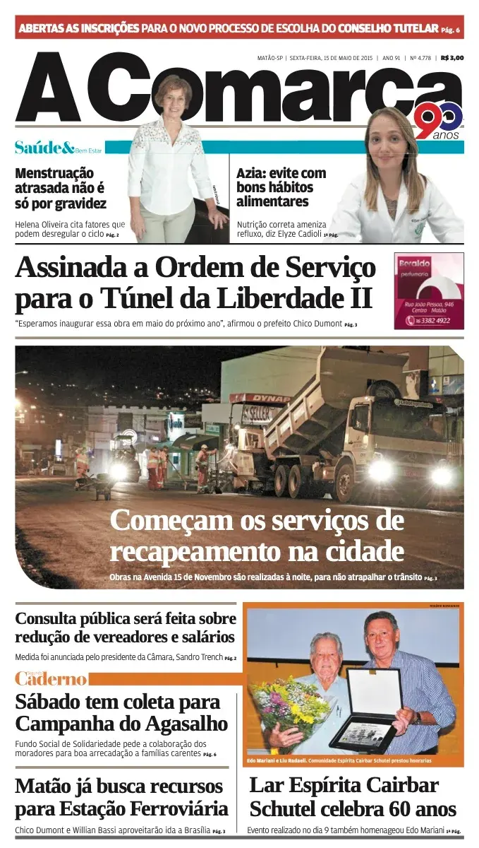 Primeira página da edição 4778 de A Comarca, 15 de maio de 2015