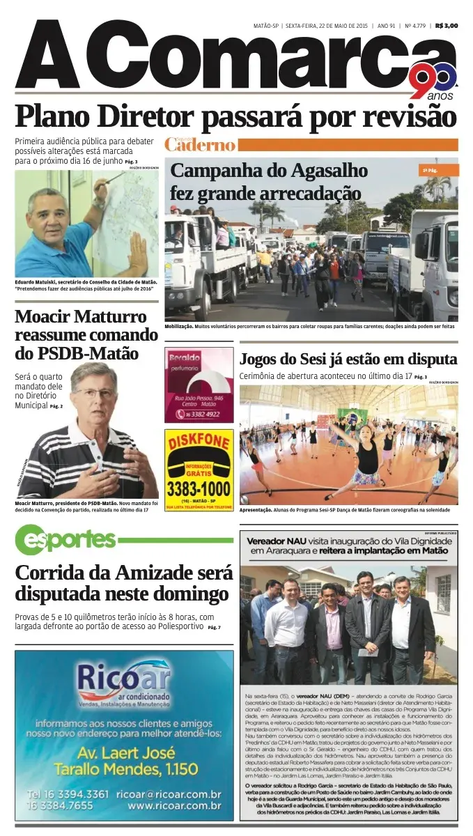 Primeira página da edição 4779 de A Comarca, 22 de maio de 2015