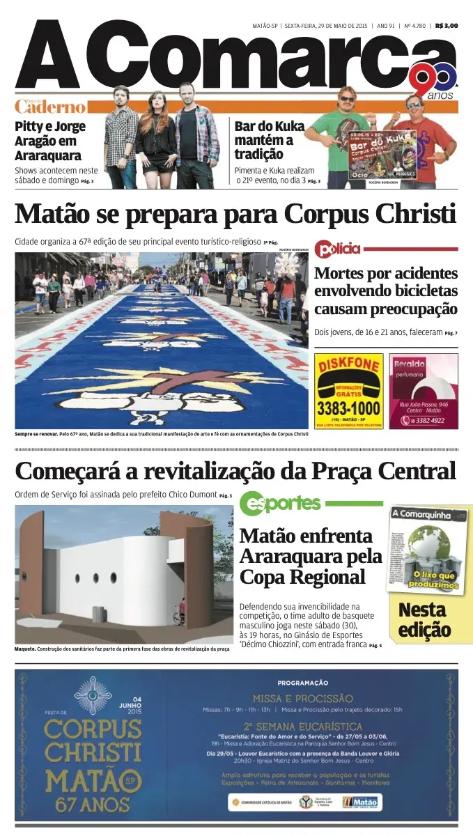 Primeira página da edição 4780 de A Comarca, 29 de maio de 2015