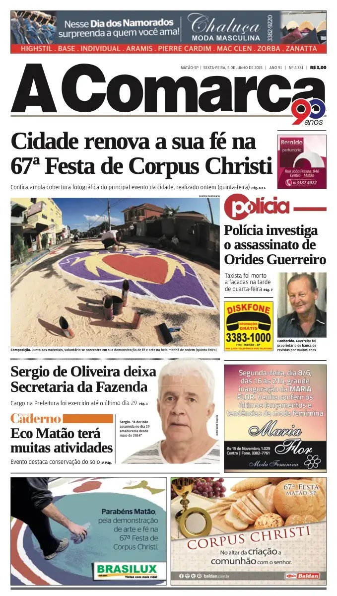 Primeira página da edição 4781 de A Comarca, 5 de junho de 2015