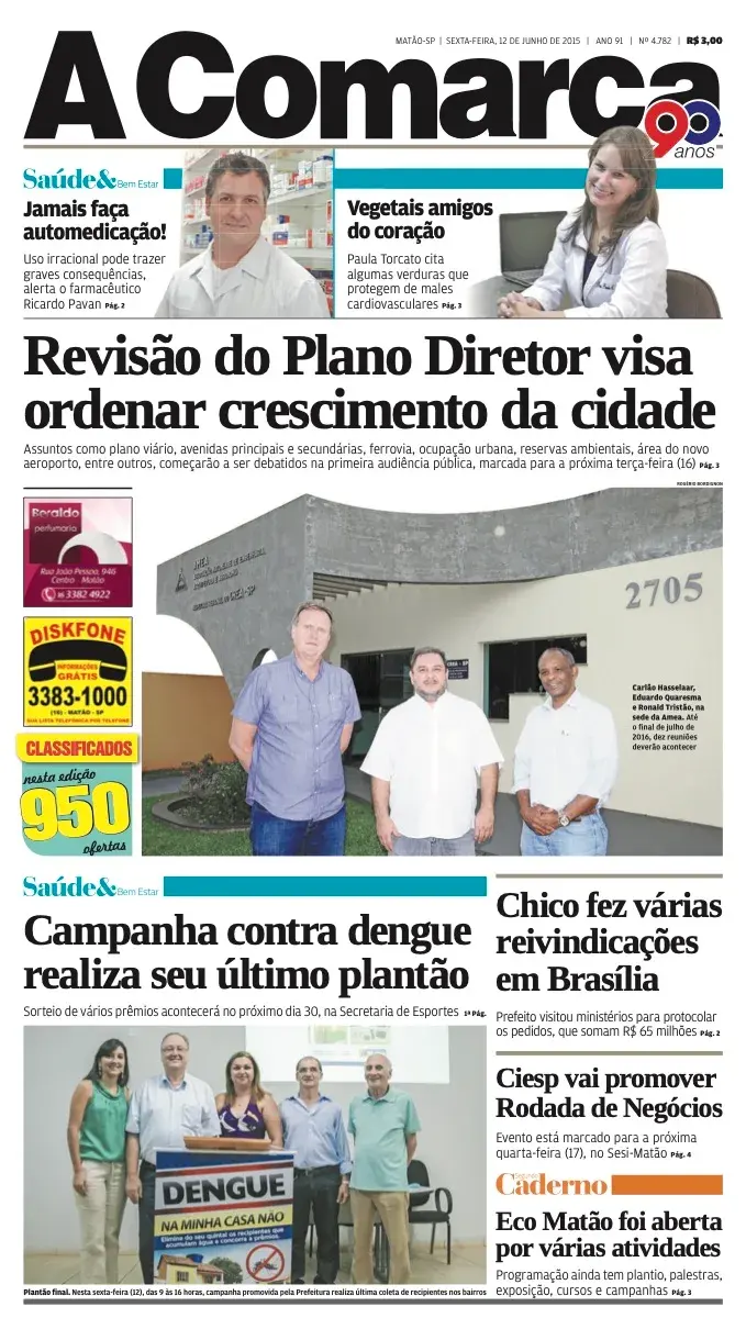 Primeira página da edição 4782 de A Comarca, 12 de junho de 2015