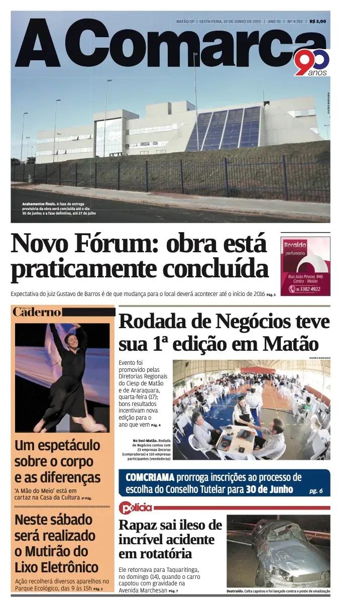 Primeira página da edição 4783 de A Comarca, 19 de junho de 2015