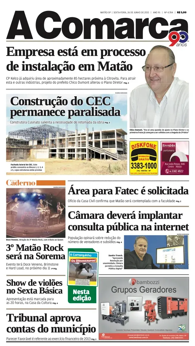 Primeira página da edição 4784 de A Comarca, 26 de junho de 2015