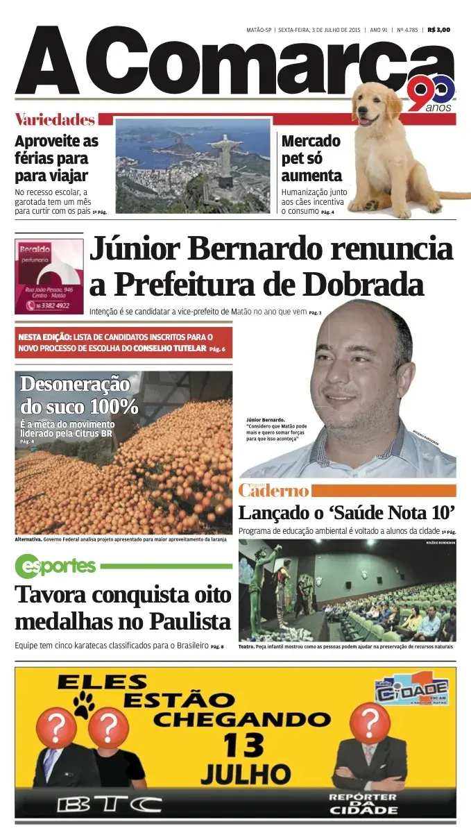 Primeira página da edição 4785 de A Comarca, 3 de julho de 2015