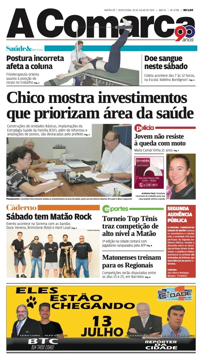 Primeira página da edição 4786 de A Comarca, 10 de julho de 2015