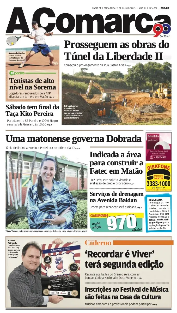Primeira página da edição 4787 de A Comarca, 17 de julho de 2015