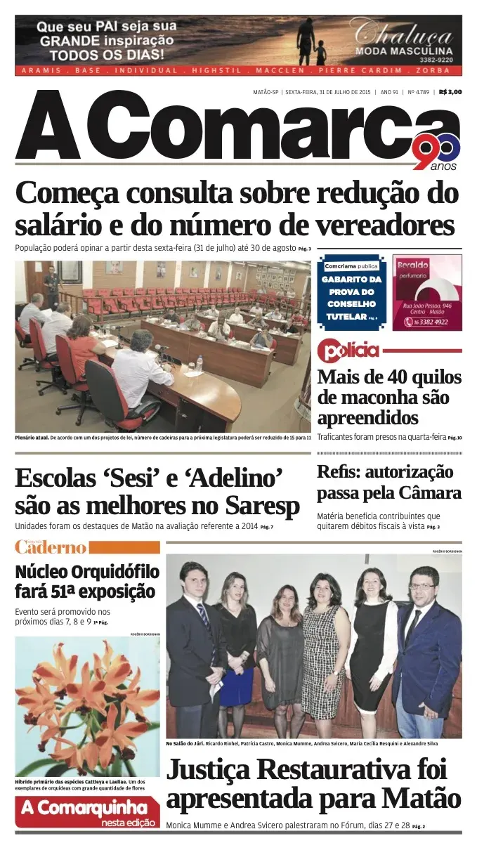 Primeira página da edição 4789 de A Comarca, 31 de julho de 2015