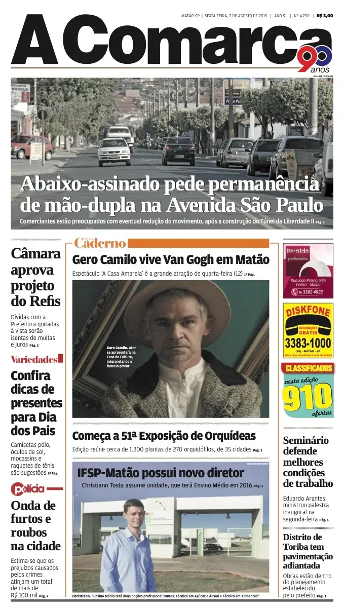 Primeira página da edição 4790 de A Comarca, 7 de agosto de 2015