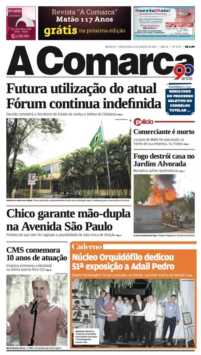 Primeira página da edição 4791 de A Comarca, 14 de agosto de 2015