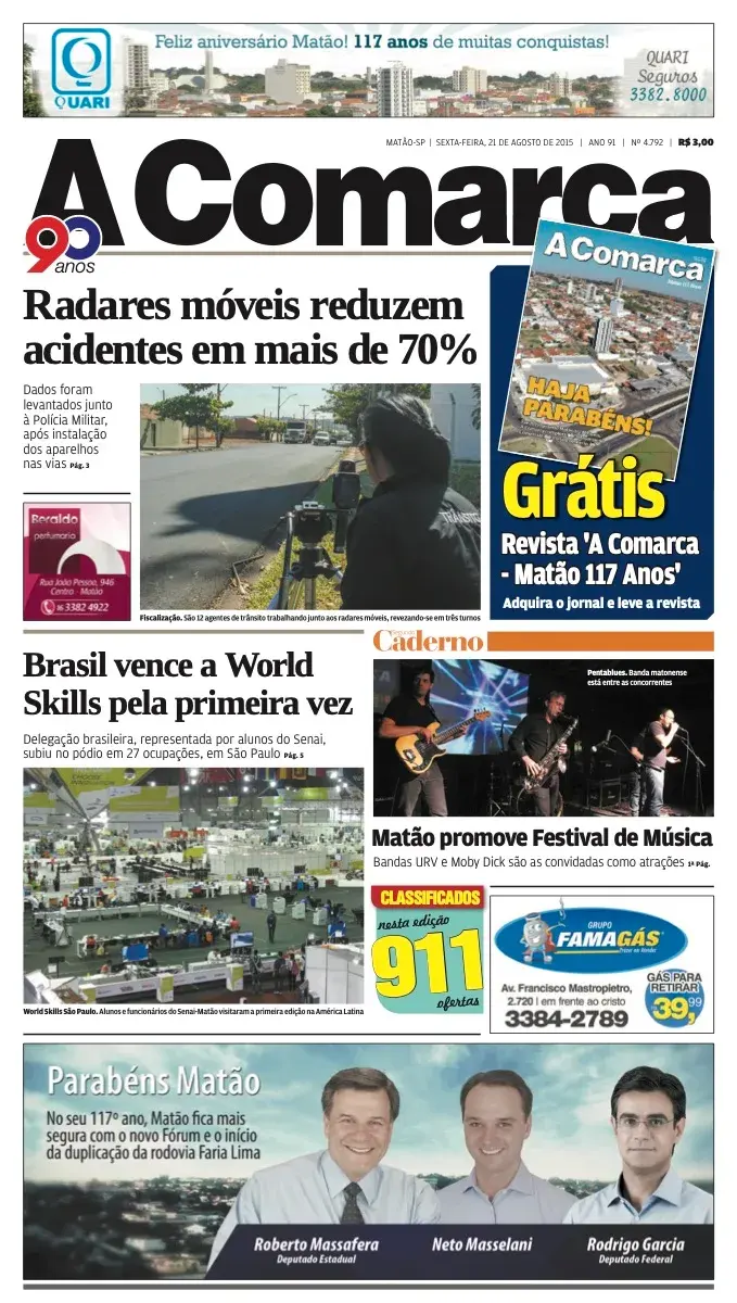 Primeira página da edição 4792 de A Comarca, 21 de agosto de 2015