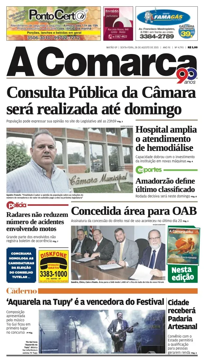 Primeira página da edição 4793 de A Comarca, 28 de agosto de 2015