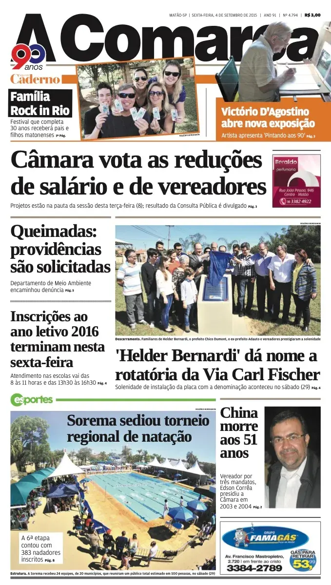 Primeira página da edição 4794 de A Comarca, 4 de setembro de 2015