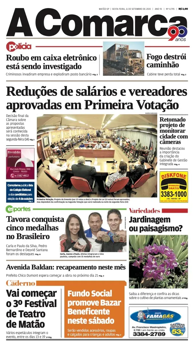 Primeira página da edição 4795 de A Comarca, 11 de setembro de 2015
