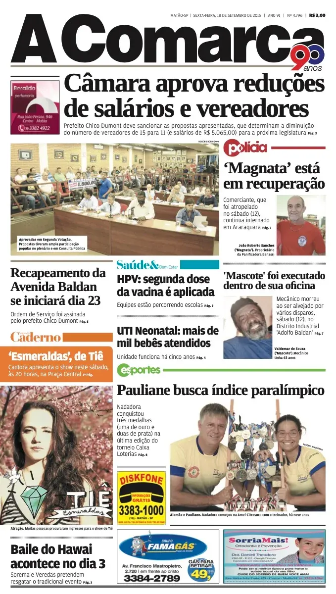 Primeira página da edição 4796 de A Comarca, 18 de setembro de 2015