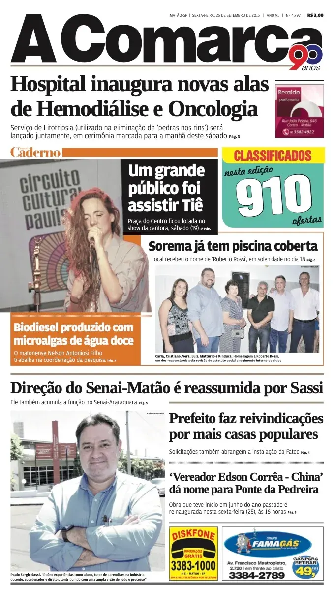 Primeira página da edição 4797 de A Comarca, 25 de setembro de 2015