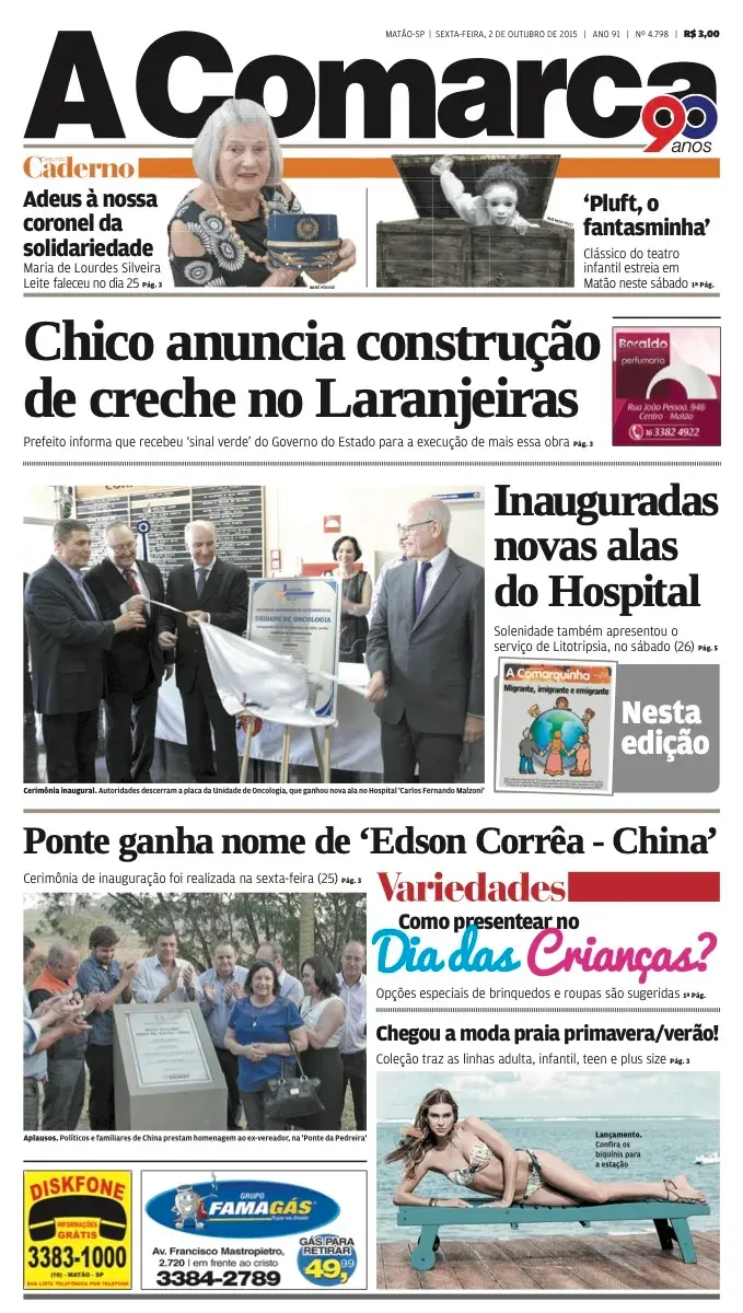 Primeira página da edição 4798 de A Comarca, 2 de outubro de 2015