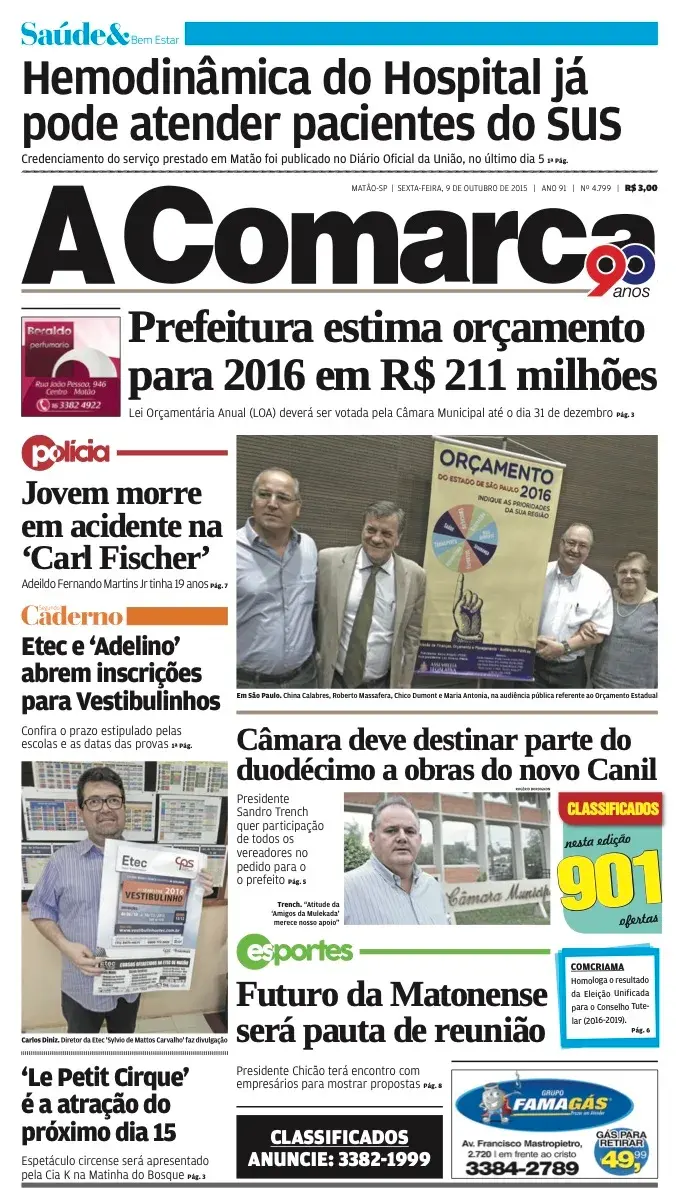 Primeira página da edição 4799 de A Comarca, 9 de outubro de 2015