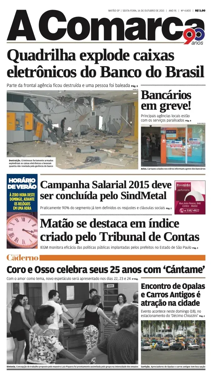 Primeira página da edição 4800 de A Comarca, 16 de outubro de 2015