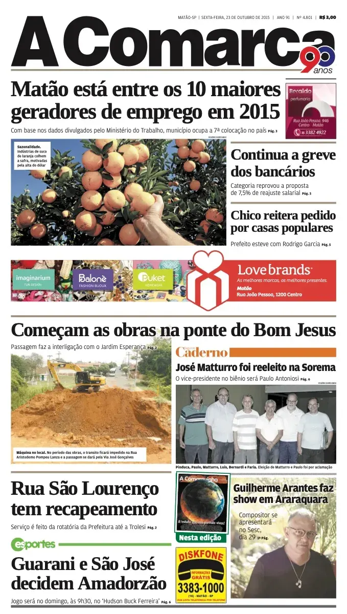 Primeira página da edição 4801 de A Comarca, 23 de outubro de 2015