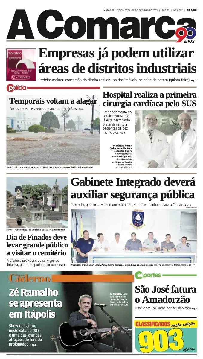 Primeira página da edição 4802 de A Comarca, 30 de outubro de 2015