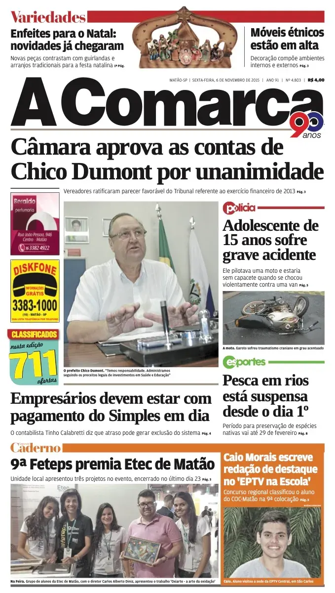 Primeira página da edição 4803 de A Comarca, 6 de novembro de 2015