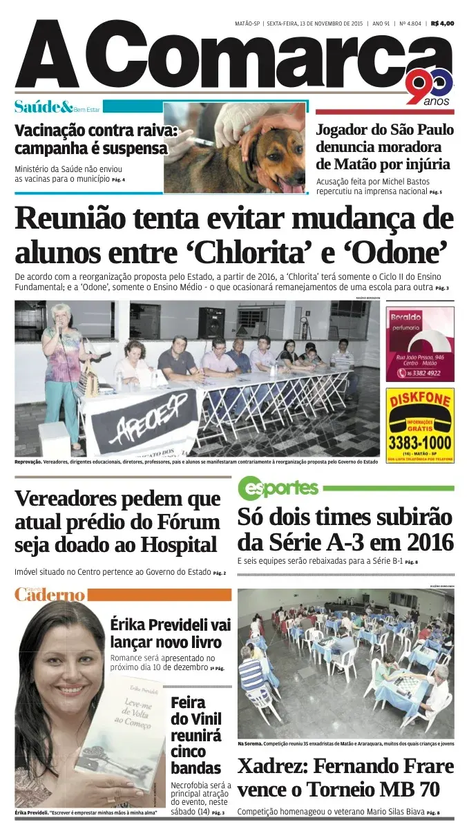 Primeira página da edição 4804 de A Comarca, 13 de novembro de 2015