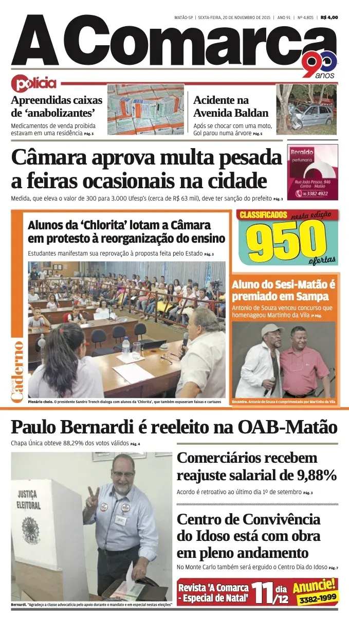 Primeira página da edição 4805 de A Comarca, 20 de novembro de 2015