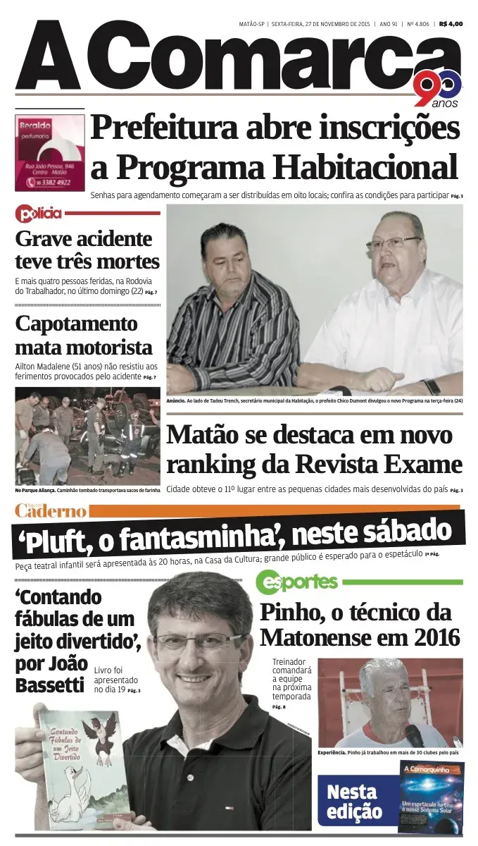 Primeira página da edição 4806 de A Comarca, 27 de novembro de 2015
