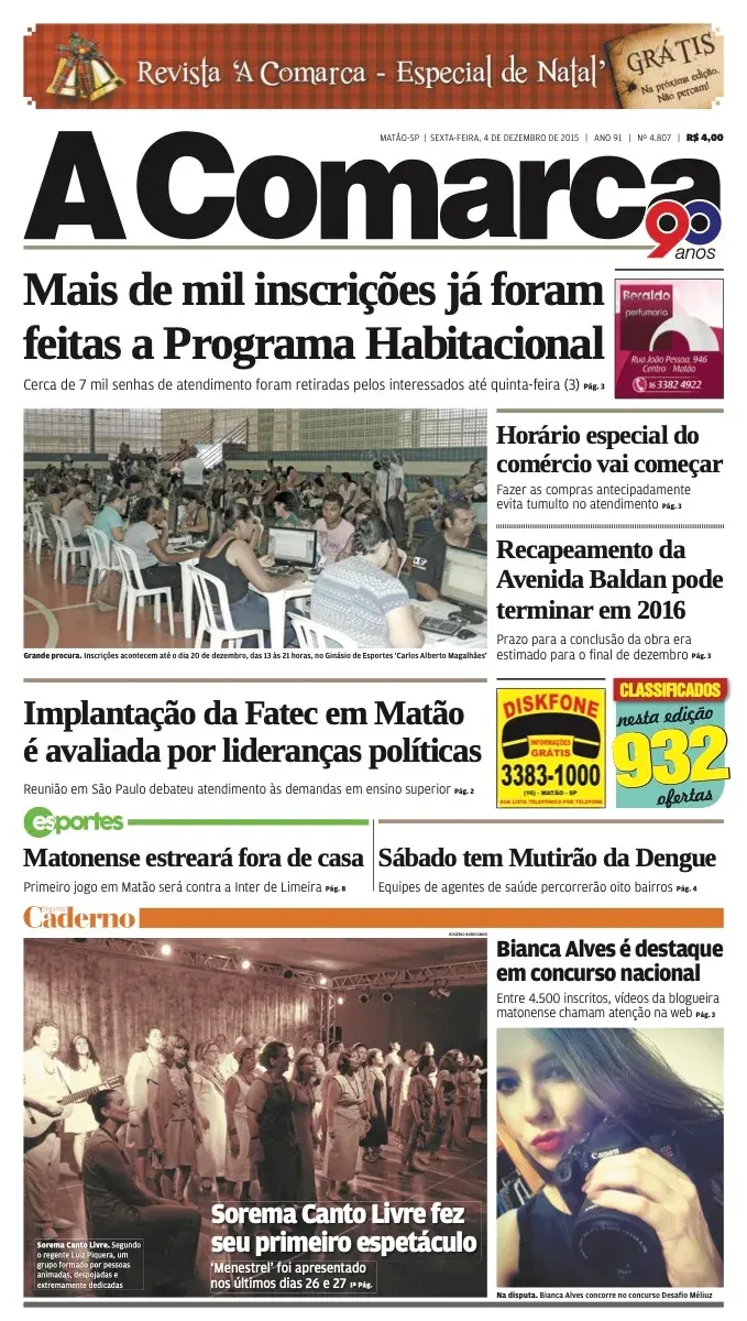 Primeira página da edição 4807 de A Comarca, 4 de dezembro de 2015