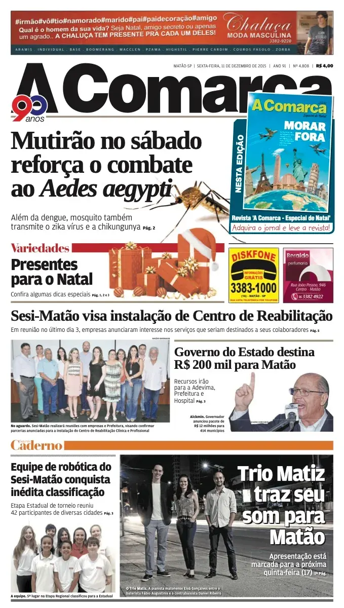 Primeira página da edição 4808 de A Comarca, 11 de dezembro de 2015