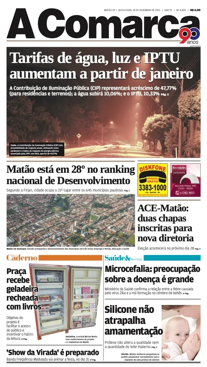 Primeira página da edição 4809 de A Comarca, 18 de dezembro de 2015