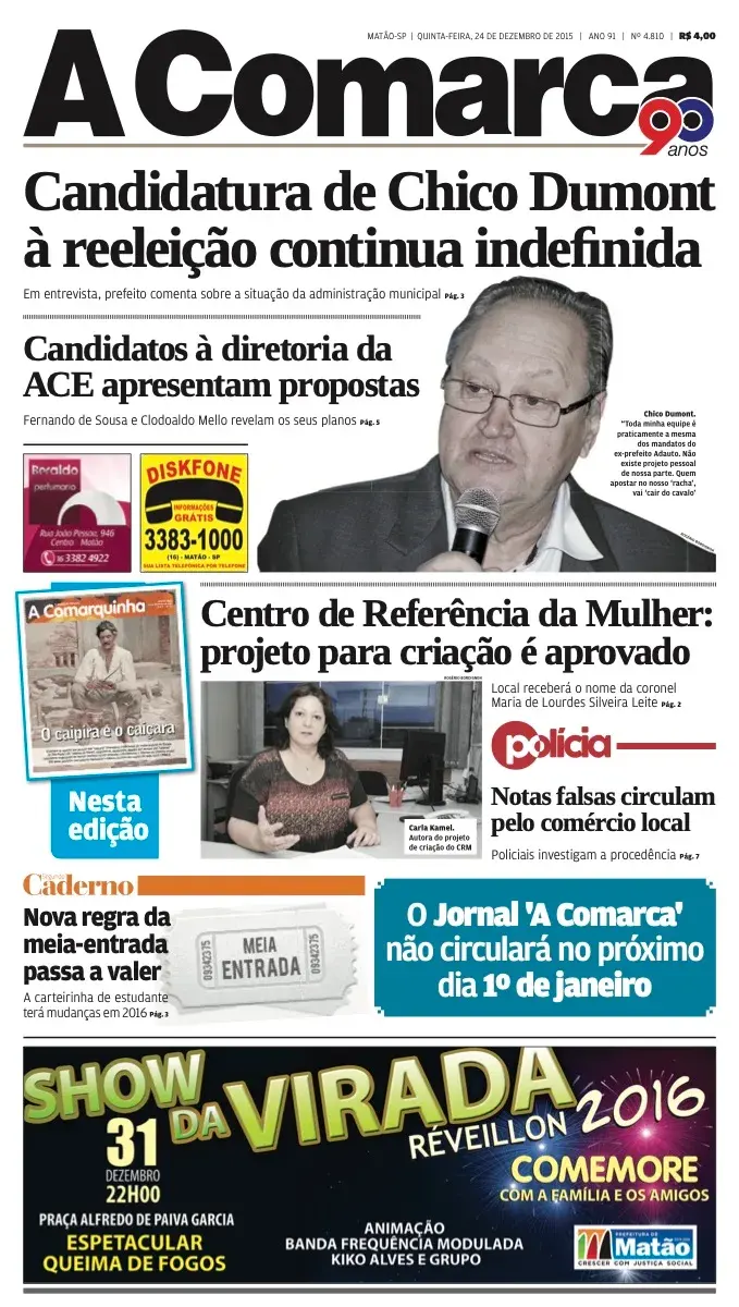 Primeira página da edição 4810 de A Comarca, 24 de dezembro de 2015