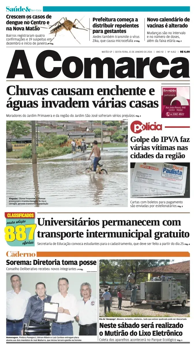Primeira página da edição 4812 de A Comarca, 15 de janeiro de 2016