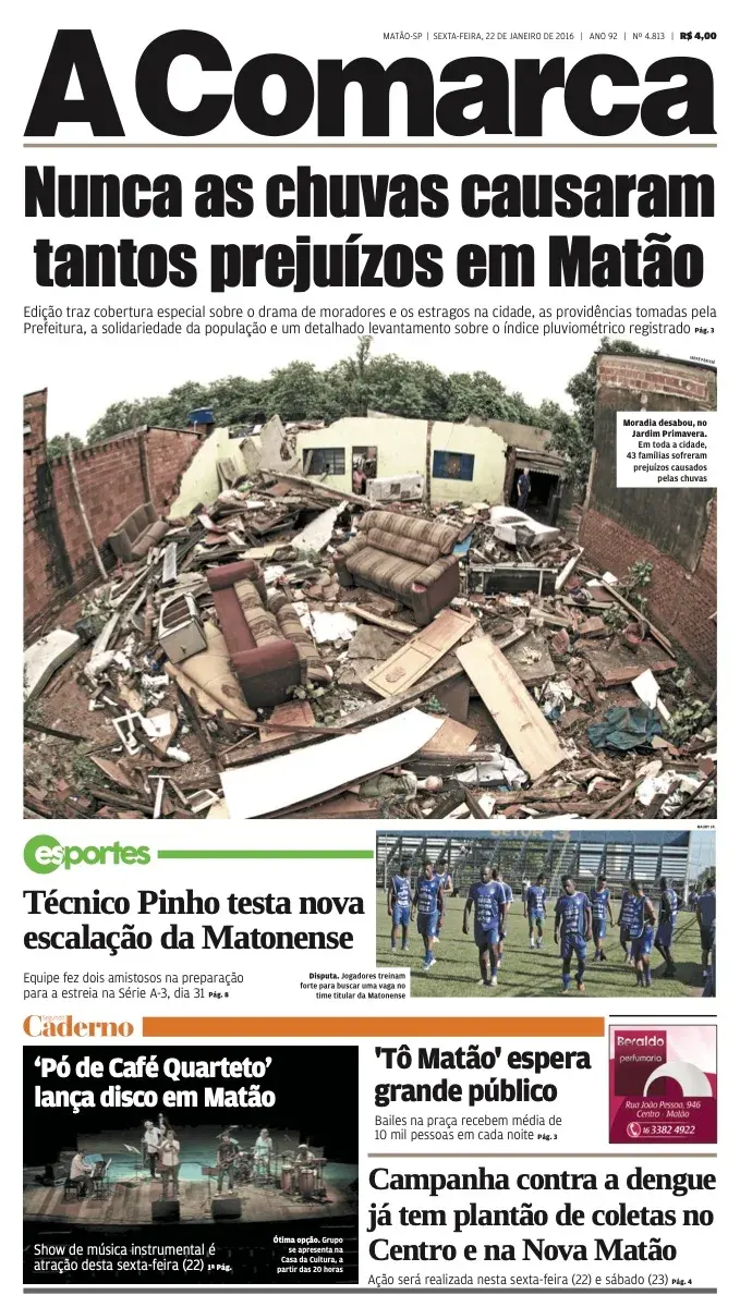Primeira página da edição 4813 de A Comarca, 22 de janeiro de 2016