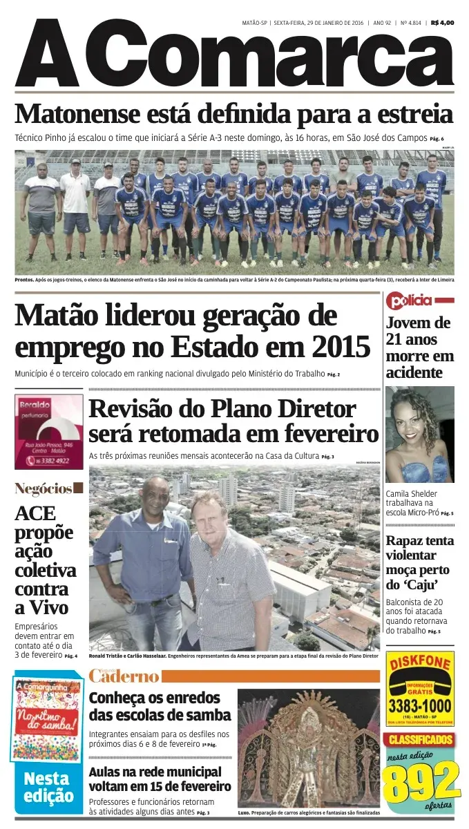 Primeira página da edição 4814 de A Comarca, 29 de janeiro de 2016