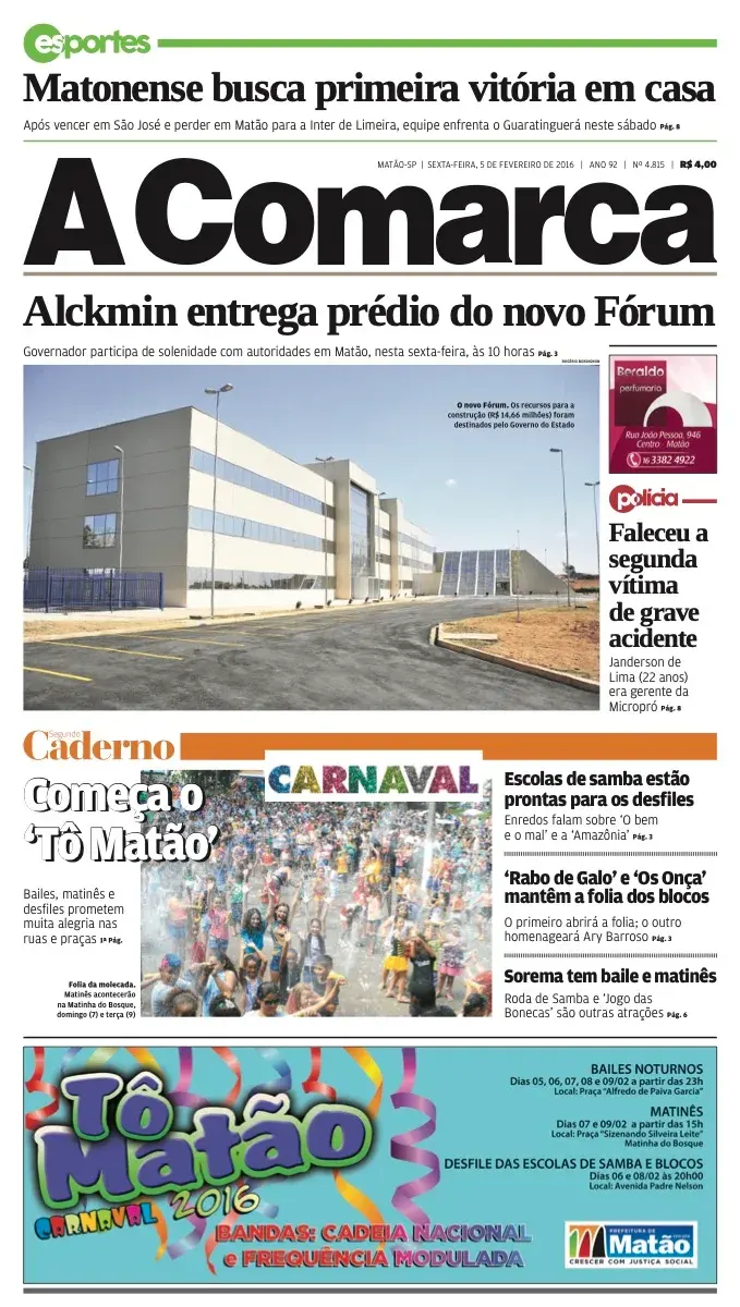 Primeira página da edição 4815 de A Comarca, 5 de fevereiro de 2016