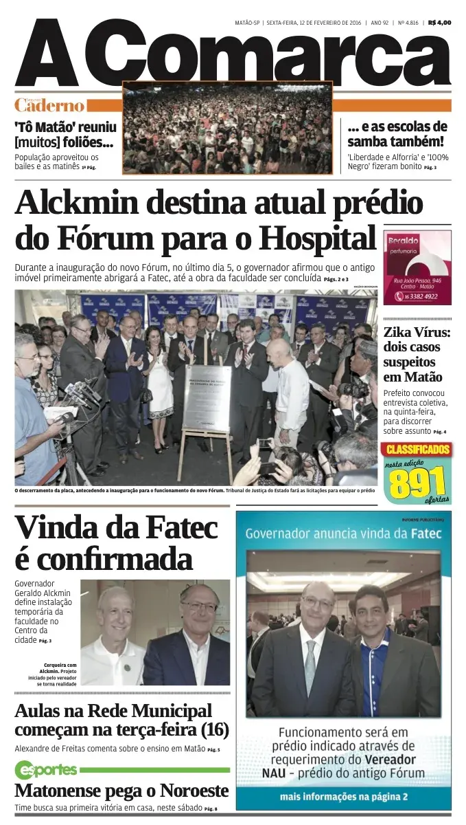 Primeira página da edição 4816 de A Comarca, 12 de fevereiro de 2016