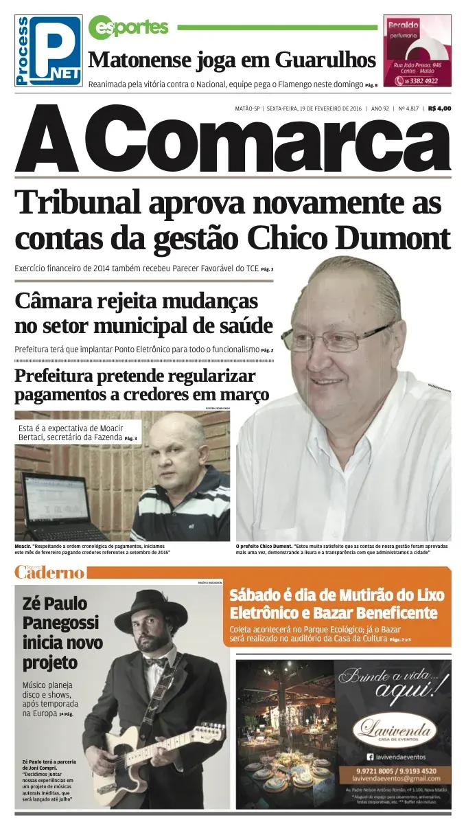 Primeira página da edição 4817 de A Comarca, 19 de fevereiro de 2016