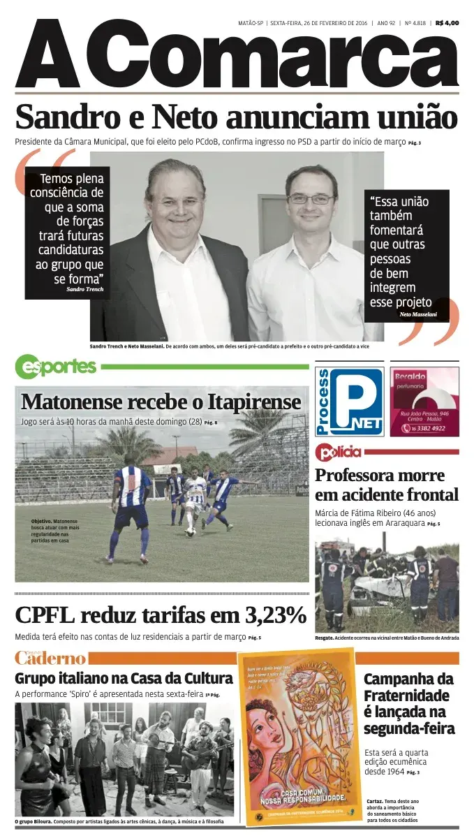 Primeira página da edição 4818 de A Comarca, 26 de fevereiro de 2016