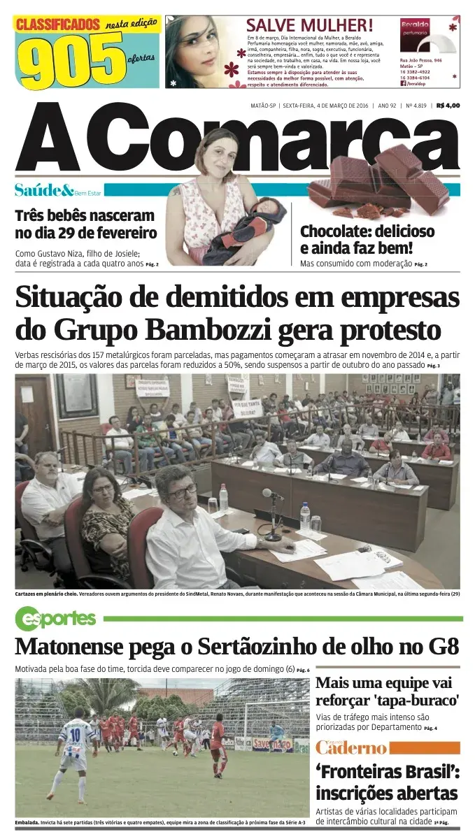 Primeira página da edição 4819 de A Comarca, 4 de março de 2016