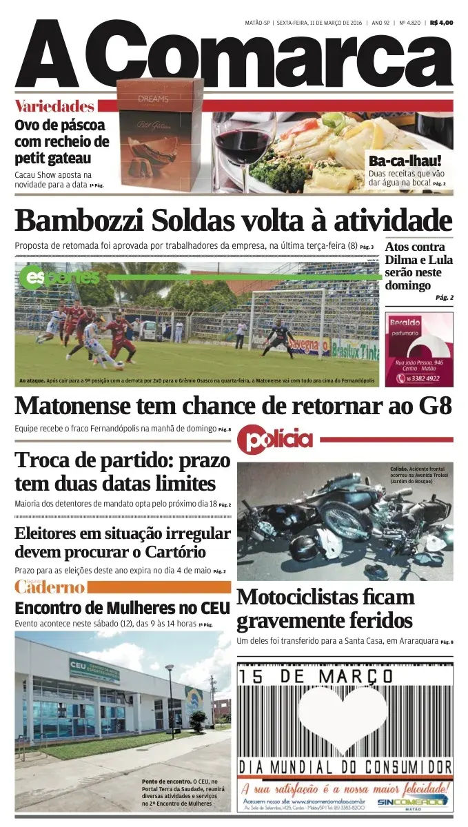 Primeira página da edição 4820 de A Comarca, 11 de março de 2016