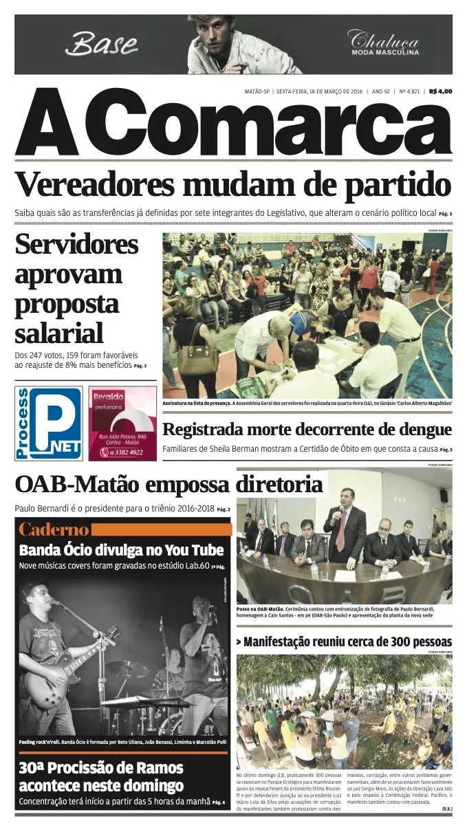 Primeira página da edição 4821 de A Comarca, 18 de março de 2016