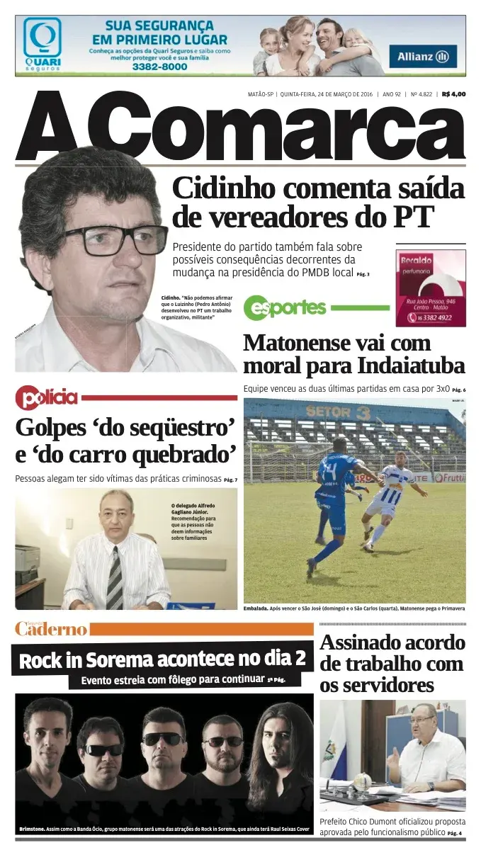 Primeira página da edição 4822 de A Comarca, 24 de março de 2016